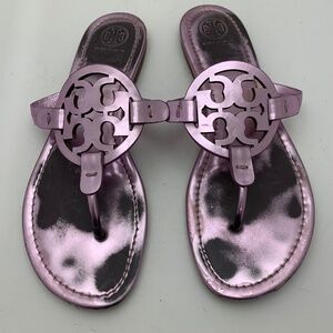 Womens Size 9M Tory Burch Iconic Miller Flat Sandals Metallic Rosa Pink
